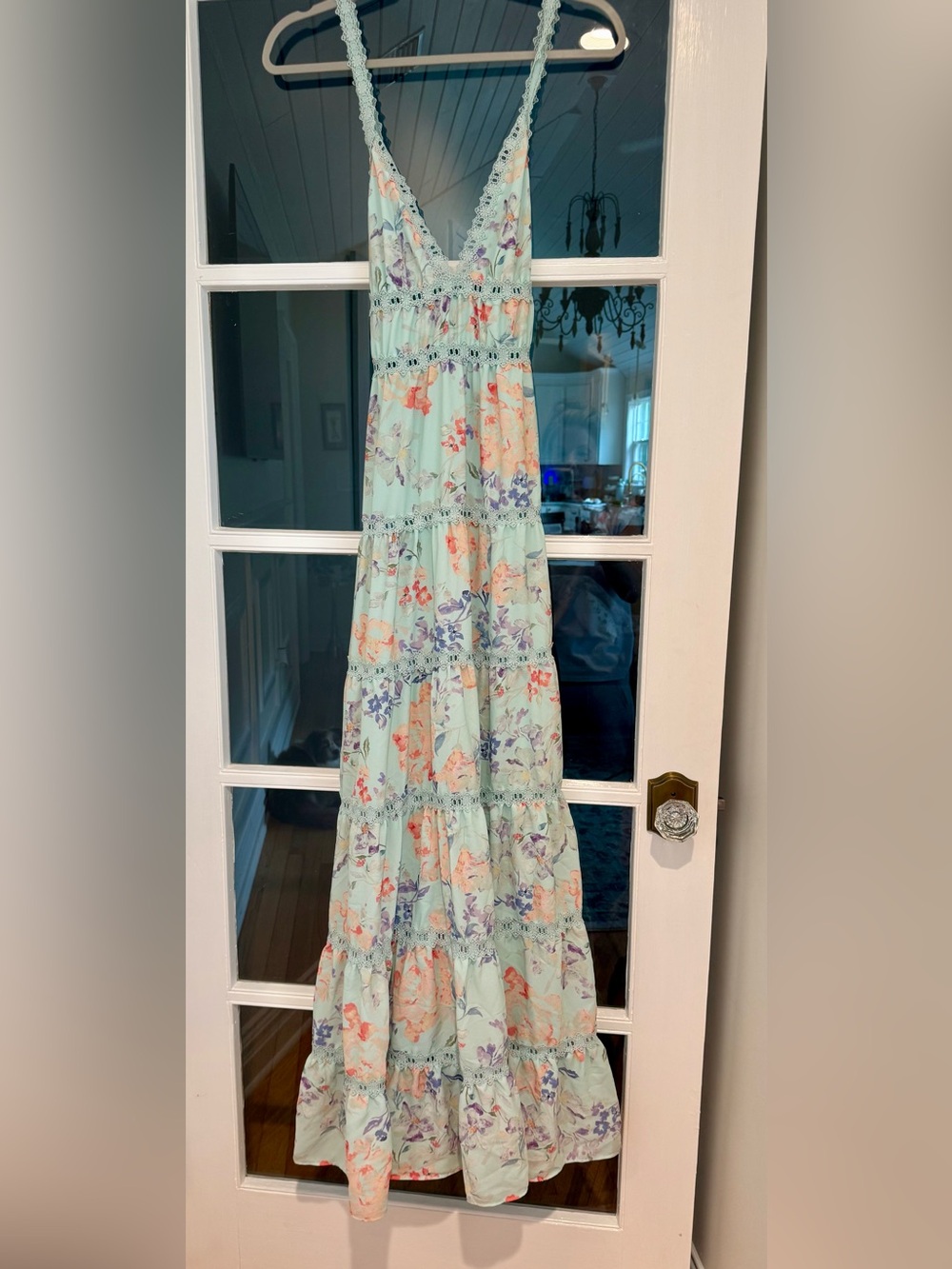 Alice + Olivia Mint Watercolor Floral Lace Trim Tiered Maxi Dress NWT Sz 4